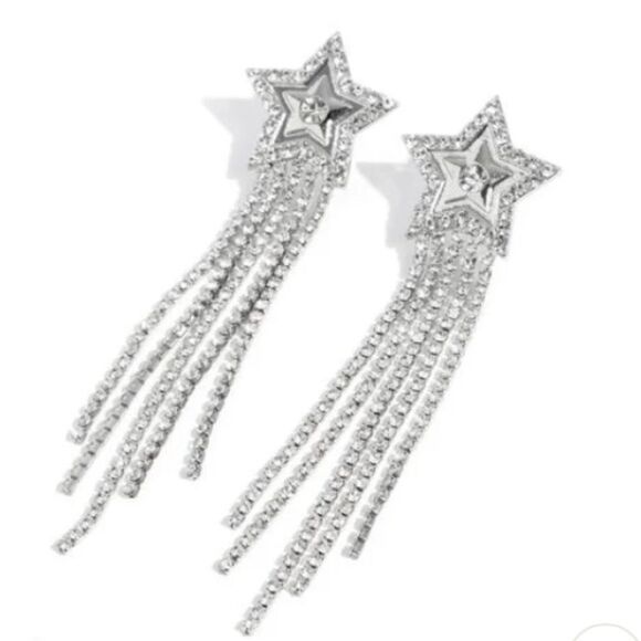 Paparazzi Currently Cosmic Rhinestone Star Earrings Grunge Post Post Silver New - Picture 3 of 3